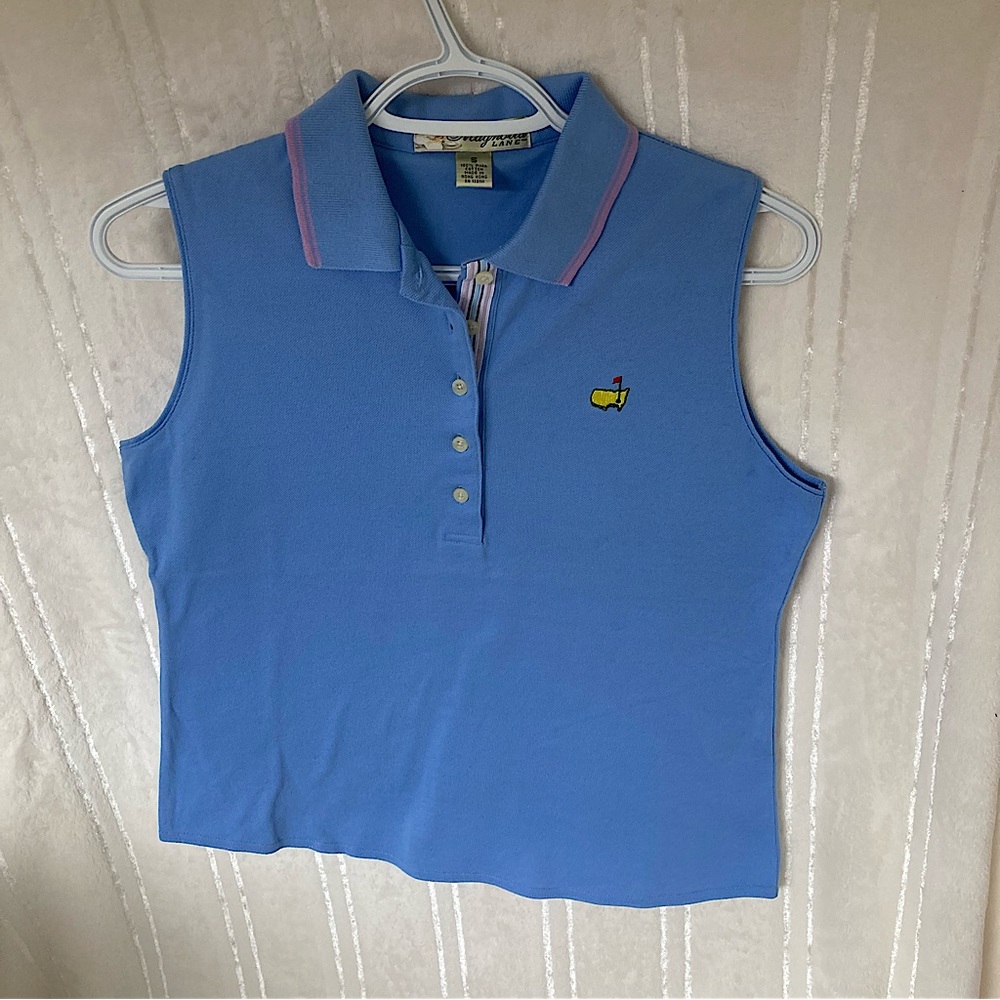 Magnolia Lane Collared Blue Golf Tank Top with Pink Accents